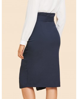 Button Up Slit Hem Belted Skirt