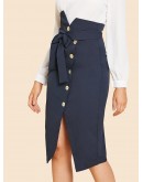 Button Up Slit Hem Belted Skirt