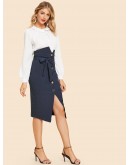 Button Up Slit Hem Belted Skirt