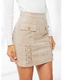 Dual Flap Pocket Grommet Crisscross Suede Skirt