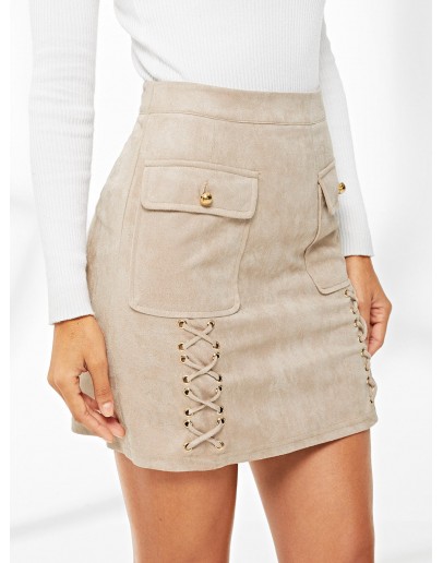 Dual Flap Pocket Grommet Crisscross Suede Skirt