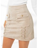 Dual Flap Pocket Grommet Crisscross Suede Skirt