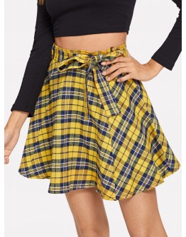 Plaid Self Tie Waist Skirt