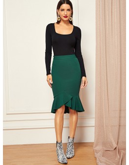 Wide Waistband Fishtail Hem Skirt