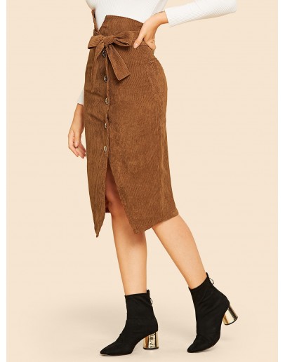 Notched Waist Button Front Corduroy Skirt With Belt