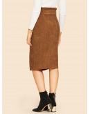 Notched Waist Button Front Corduroy Skirt With Belt