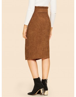 Notched Waist Button Front Corduroy Skirt With Belt