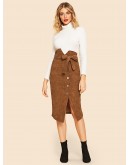 Notched Waist Button Front Corduroy Skirt With Belt