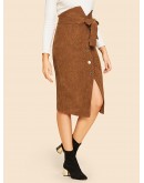 Notched Waist Button Front Corduroy Skirt With Belt