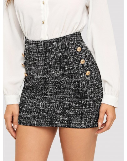 Button Detail Frayed Edge Tweed Skirt