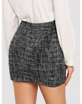 Button Detail Frayed Edge Tweed Skirt