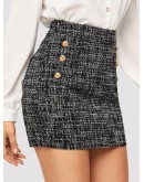 Button Detail Frayed Edge Tweed Skirt