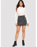 Button Detail Frayed Edge Tweed Skirt