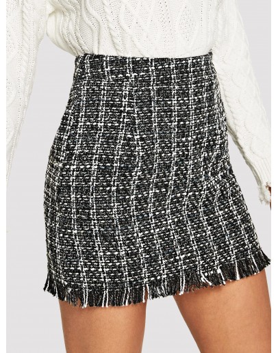 Fringe Detail Tweed Bodycon Skirt