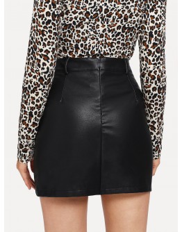 Button &amp; Pocket Front Leather Look Skirt