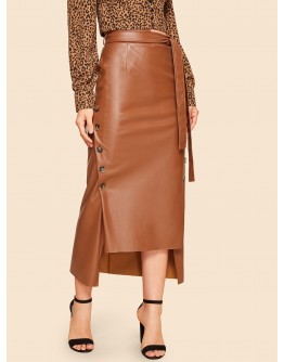 60s Double Button Asymmetrical Hem Belted Leather Look Skirt