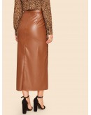 60s Double Button Asymmetrical Hem Belted Leather Look Skirt