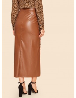 60s Double Button Asymmetrical Hem Belted Leather Look Skirt