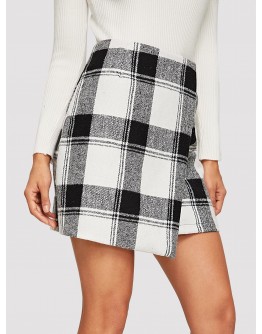 Asymmetrical Hem Plaid Skirt