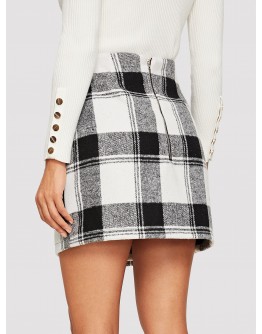 Asymmetrical Hem Plaid Skirt