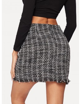 Frayed Trim Plaid Tweed Skirt