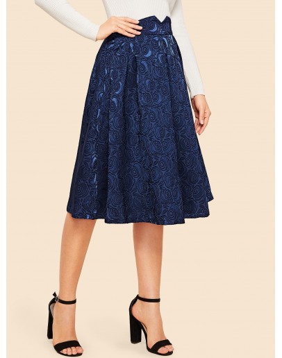 Notched Waist Box Pleated Floral Jacquard Skirt