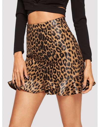 Ruffle Hem Leopard Print PU Skirt