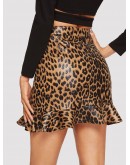 Ruffle Hem Leopard Print PU Skirt