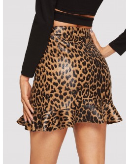 Ruffle Hem Leopard Print PU Skirt