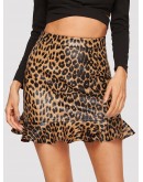 Ruffle Hem Leopard Print PU Skirt