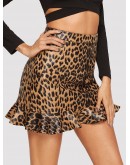 Ruffle Hem Leopard Print PU Skirt