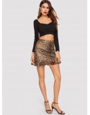 Ruffle Hem Leopard Print PU Skirt