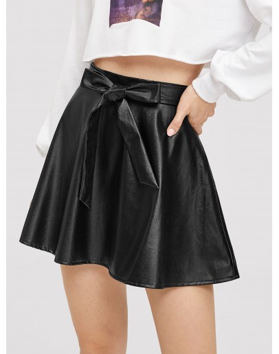 Tie Waist PU Flare Skirt