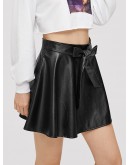 Tie Waist PU Flare Skirt