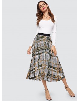 Wide Waistband Mixed Print Skirt