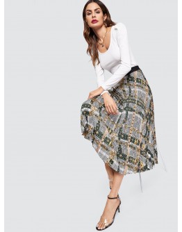 Wide Waistband Mixed Print Skirt