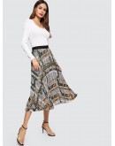 Wide Waistband Mixed Print Skirt