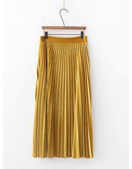 Solid Pleated Velvet Skirt