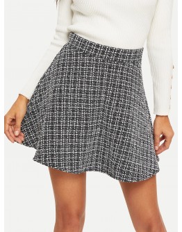 Zip Back Plaid Tweed Skirt