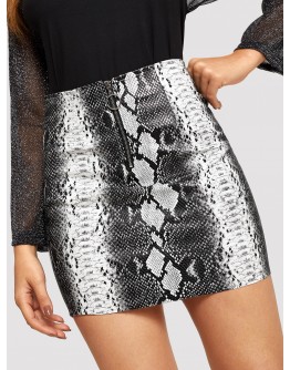 Half Zip Snake Print PU Skirt