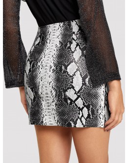 Half Zip Snake Print PU Skirt