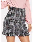 Colorblock Raw Trim Tweed Skirt