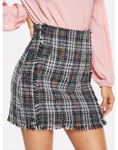 Colorblock Raw Trim Tweed Skirt