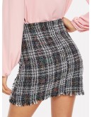 Colorblock Raw Trim Tweed Skirt