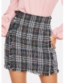 Colorblock Raw Trim Tweed Skirt