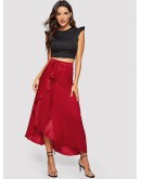 Tied Waist Asymmetrical Wrap Satin Skirt