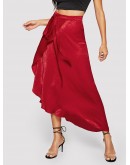 Tied Waist Asymmetrical Wrap Satin Skirt