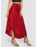 Tied Waist Asymmetrical Wrap Satin Skirt