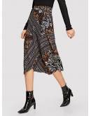 Tie Waist Mixed Print Wrap Skirt