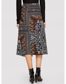 Tie Waist Mixed Print Wrap Skirt